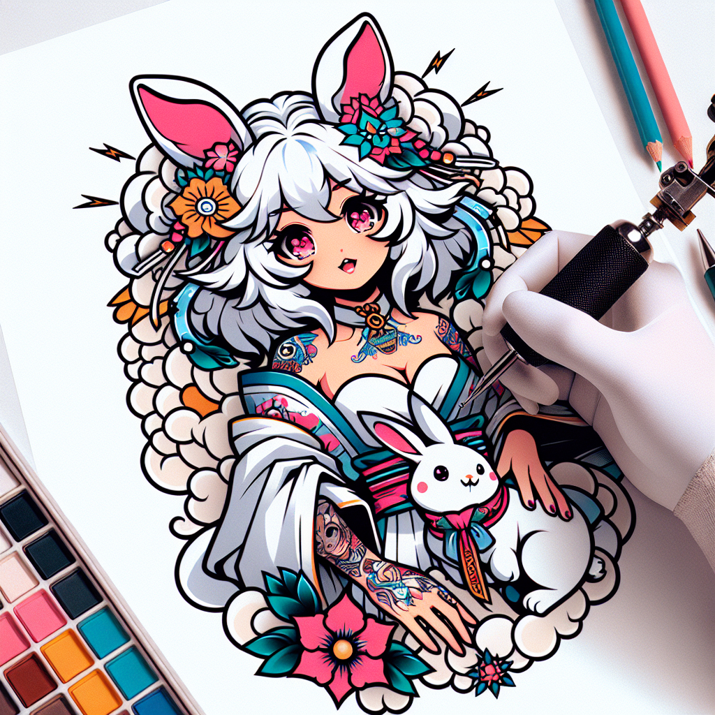 Traditional "Anime Girl With White Cloud Hair and Bunny Ears with Pink Eyes Tattooing a bunny" Tattoo Design