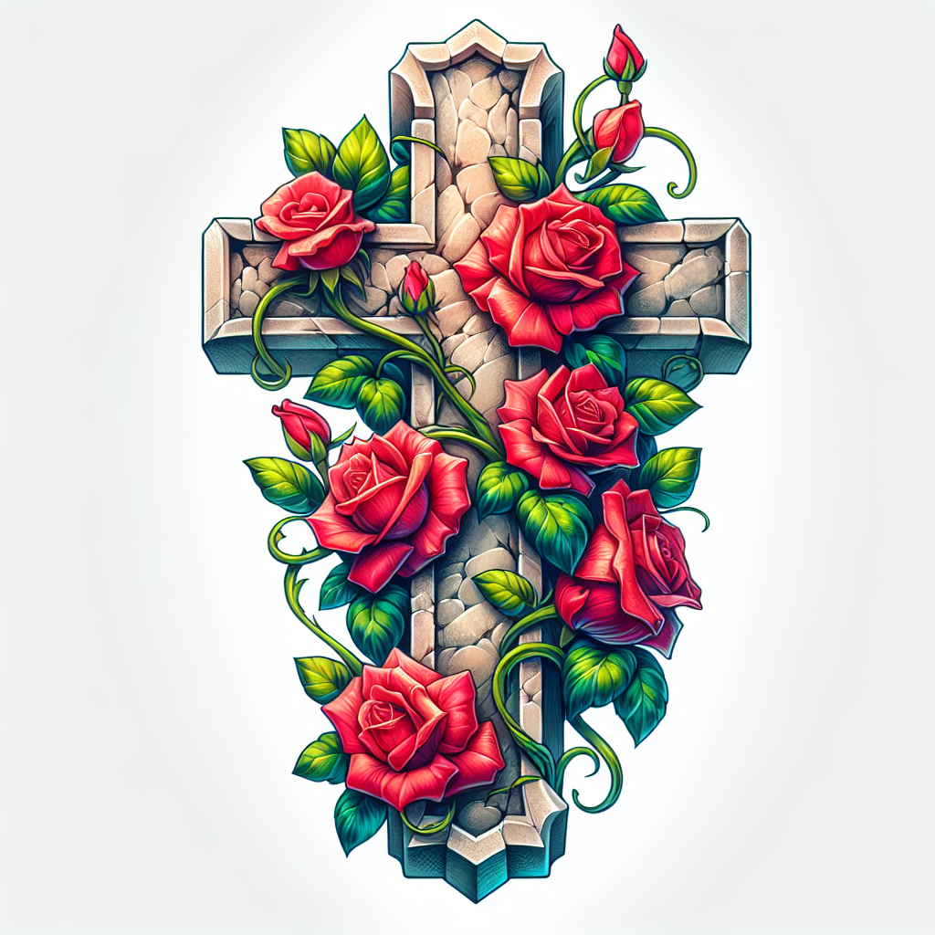 Realism "Stone cross with roses and vines growing on it" Tattoo Design