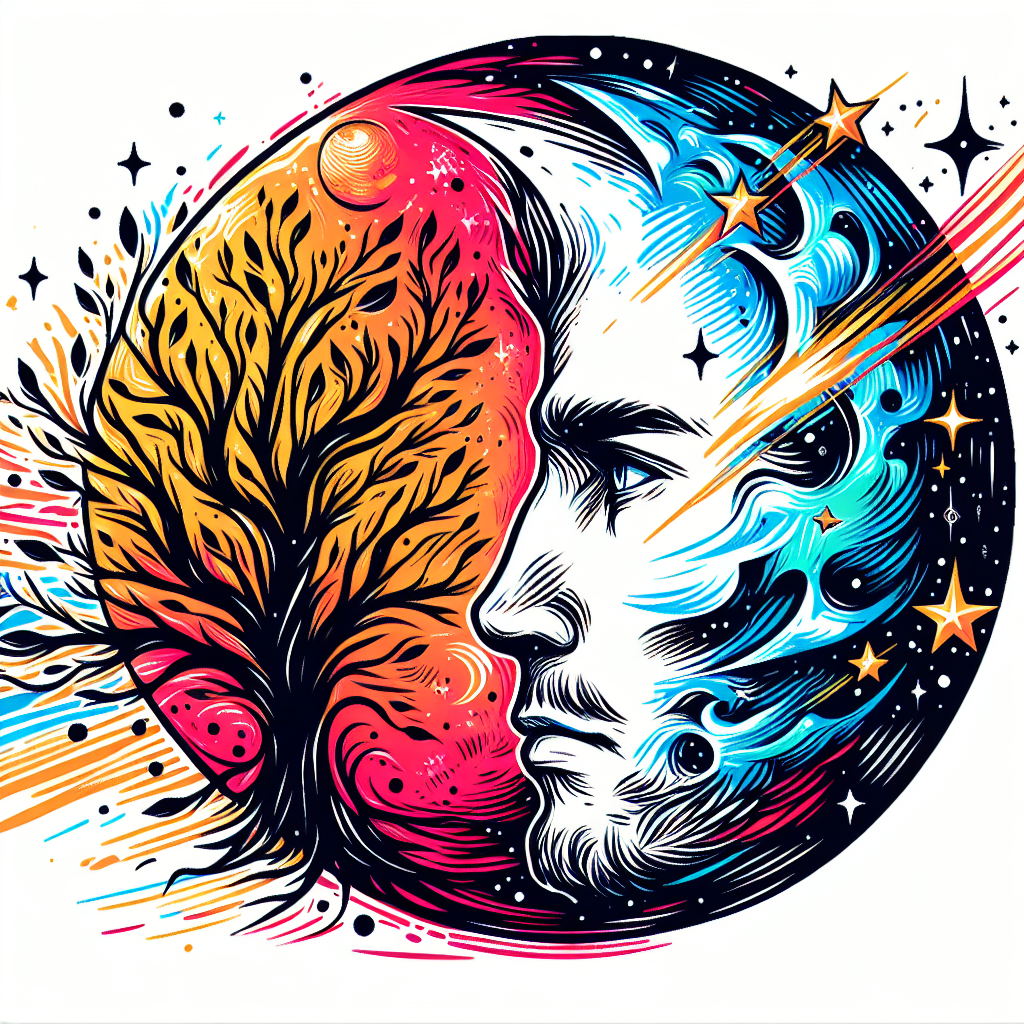 Tree Of Life Combined With A Moon That Has A Man’s Face Incorporated Into The Moon, A Large Shooting Star Streaking Behind The Moon With Two Smaller Shooting Stars Streaking Under The Moon.