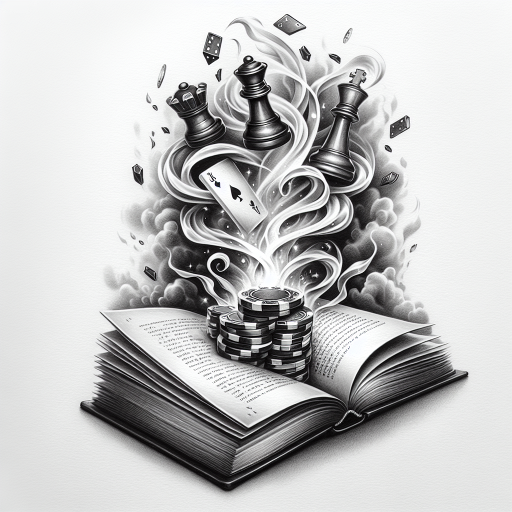 Realism "A tattered book opened with poker chips and chess pieces magically rising up out of it with smoke swirling and fog background" Tattoo Design