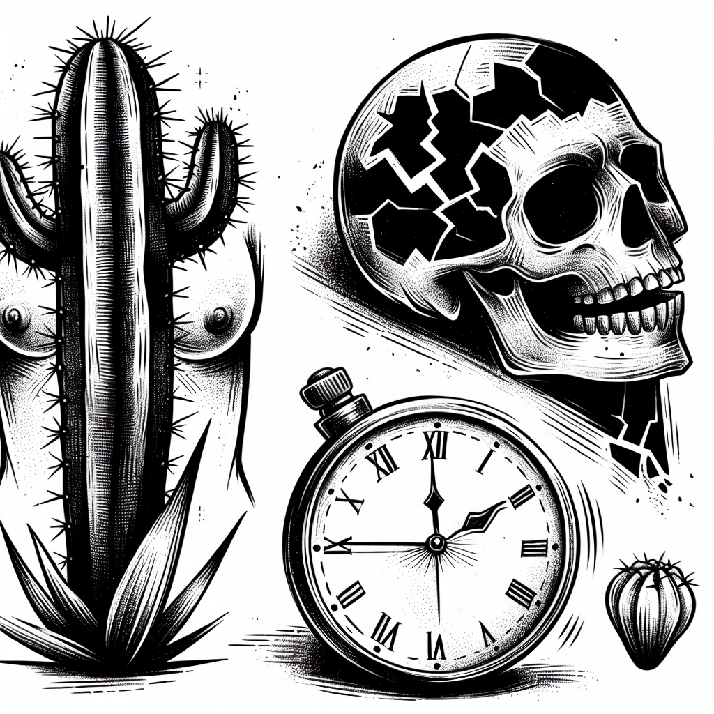 Sketch "Broken clock, cactus, human skull" Tattoo Design