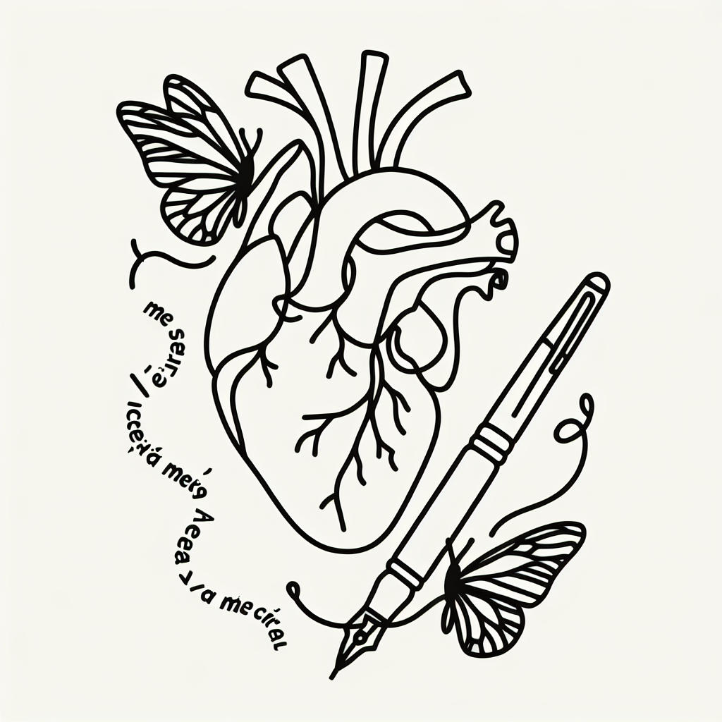 Single line "anatomía de un corazón, un bolígrafo y mariposas y con una frase que diga “me miras, de cerca me miras, cada vez más de cerca”" Tattoo Design