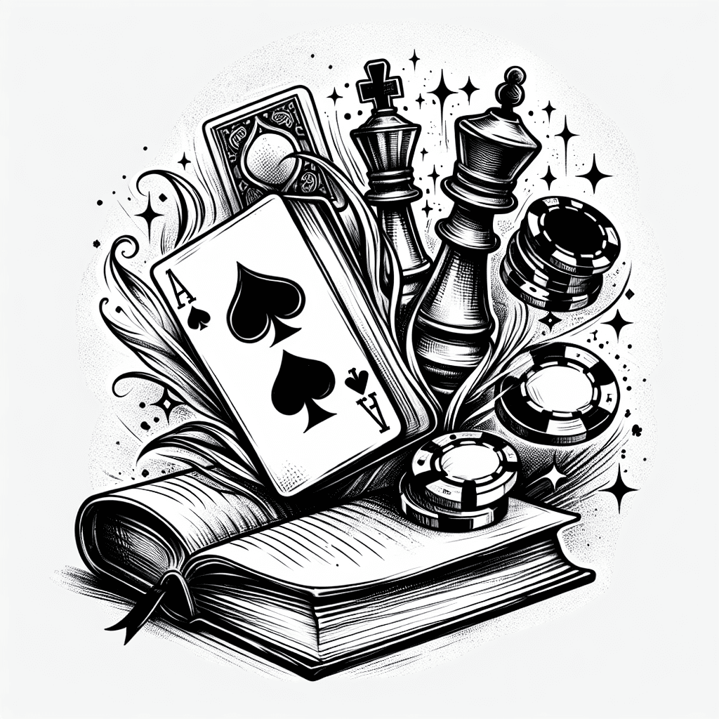 Sketch "Poker chips, playing cards and chess pieces mystically rising out of a book" Tattoo Design