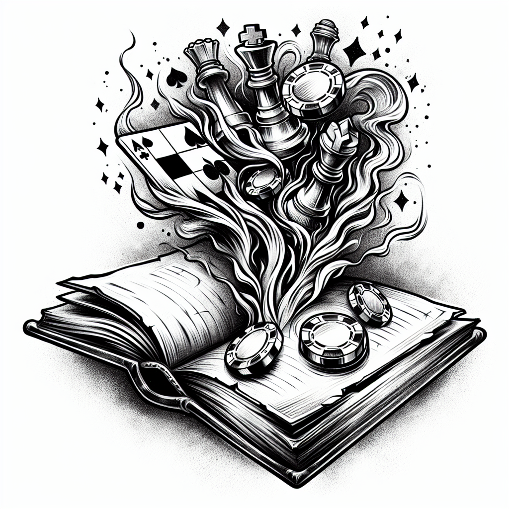 Sketch "A tattered book opened with poker chips and chess pieces magically rising up out of it with smoke, swirling and intertwining" Tattoo Design