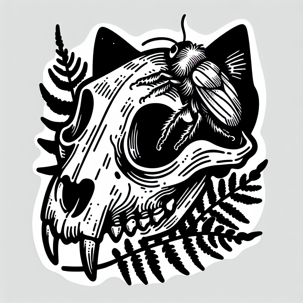 Sketch "A cat skull with a bug crawling out of the eye socket and fern growing around the skull" Tattoo Design