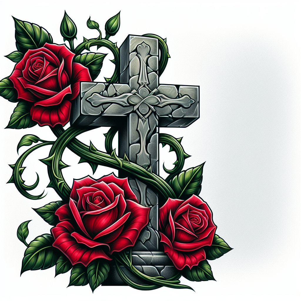 Realism "Stone Cross with three Red roses and green vines" Tattoo Design