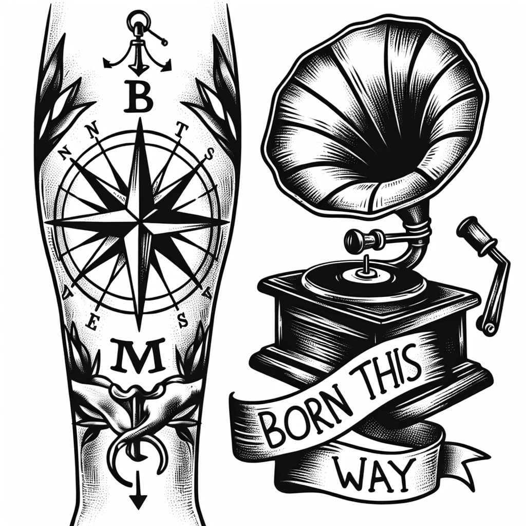 Sketch "A compass, a gramophone, a phrase “born this way” on my arms" Tattoo Design