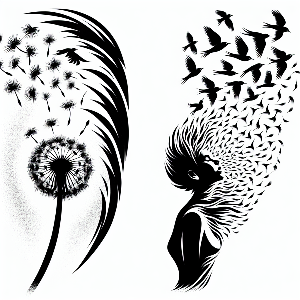 Portrait "Wind blowing a dandelion and as the seed blow in the wind they turn gradually into birds flying." Tattoo Design
