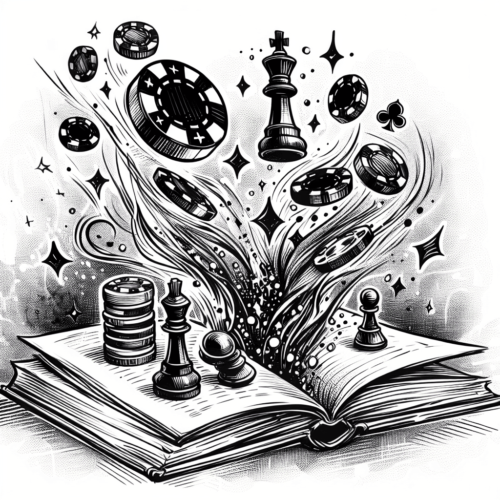 Sketch "Poker chips and chess pieces magically rising out of a book" Tattoo Design