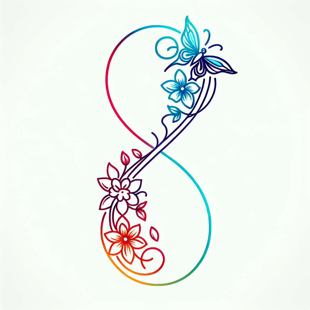 Single line "Infinity symbol with. Butterfly and flowers" Tattoo Design