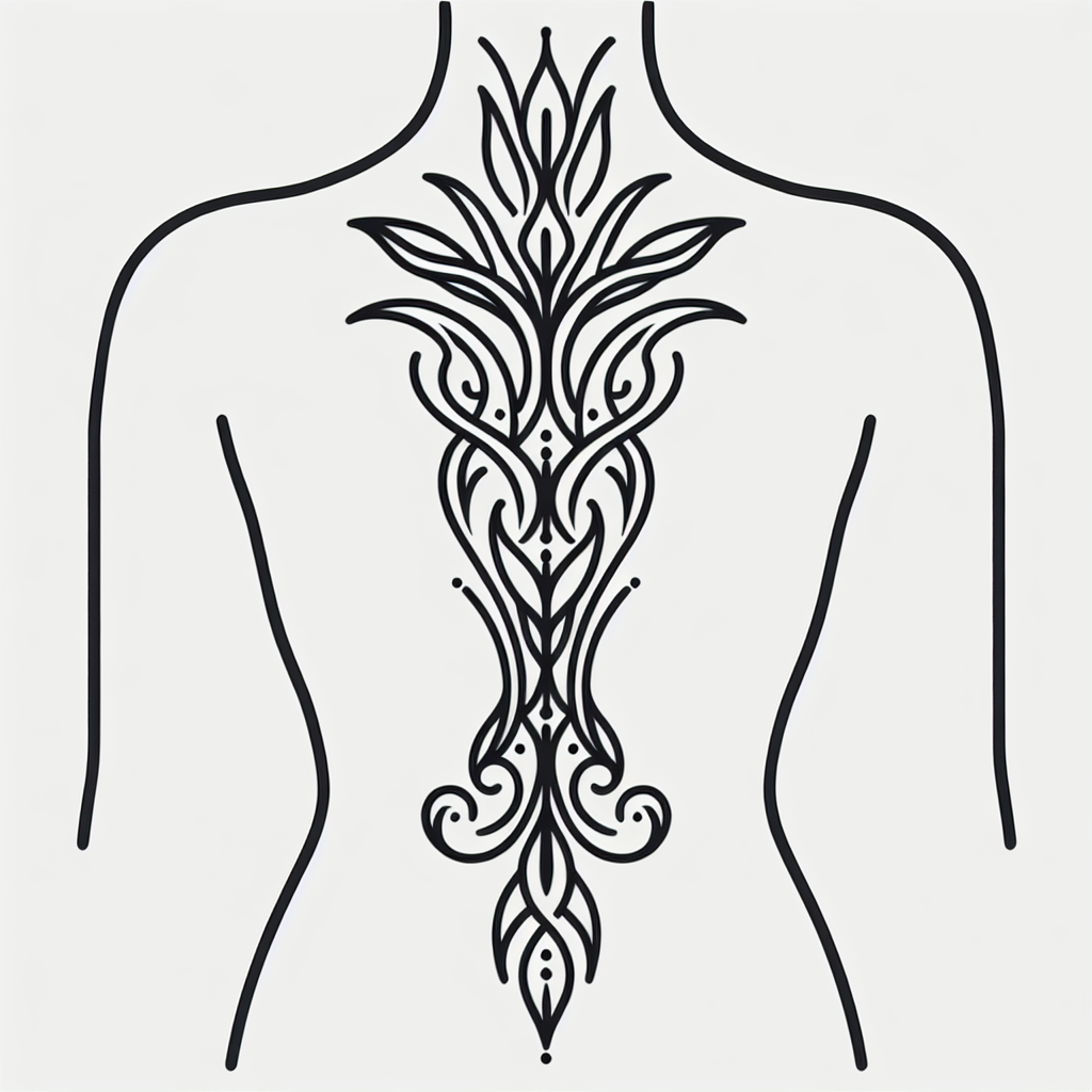 Single line "A tribal tattoo of an intricate and mysterious blackheart vine design,like a spinal column,from neck to buttock" Tattoo Design