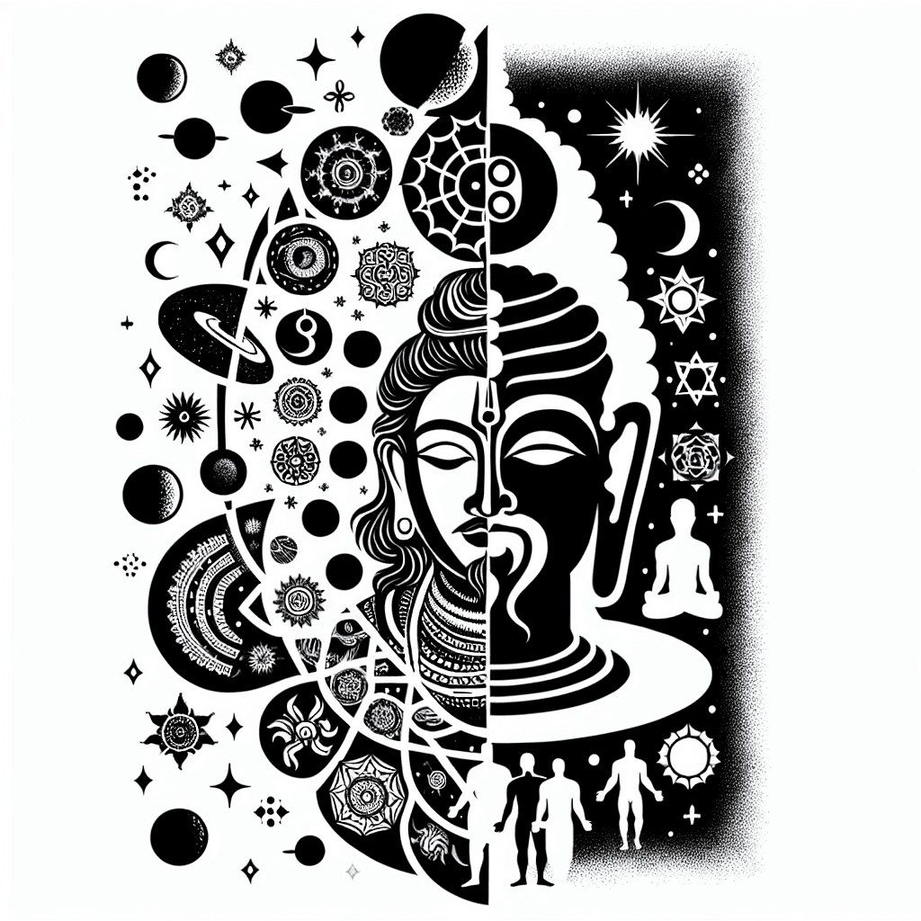 Half Vishnu Dreaming Universe Creation; Above: Planets, Stars, Kundalini Chakras, Human Evolution To Modernity. Symbolizes: Universe As Divine Dream. Detailed, Interconnected Design