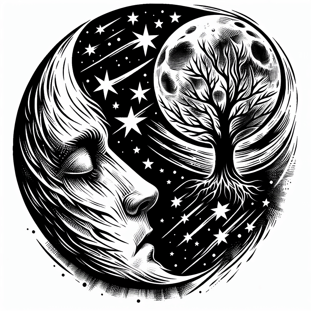 Large Tree Of Life As The Background, Half Moon Merged With A Man’s Nose, Eyes, Mouth Into The Moon, One Large Shooting Star, Two Smaller Stars With Streaking Lines, Moon And Stars Facing Right
