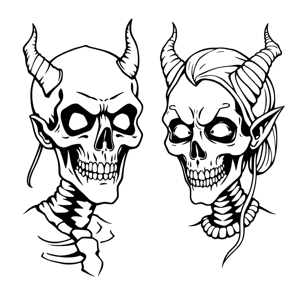 Good And Evil As A Demonic-man And Demonic-woman Portrait Separated From Each Other But With Faces Behind Damaged And Old Theatrical Drama And Comedy Masks. Tattoo Project. Skeleton, Demon.
only Lines